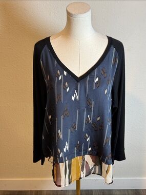 Language V-Neck Mixed Print Long Sleeve Blouse size Large
